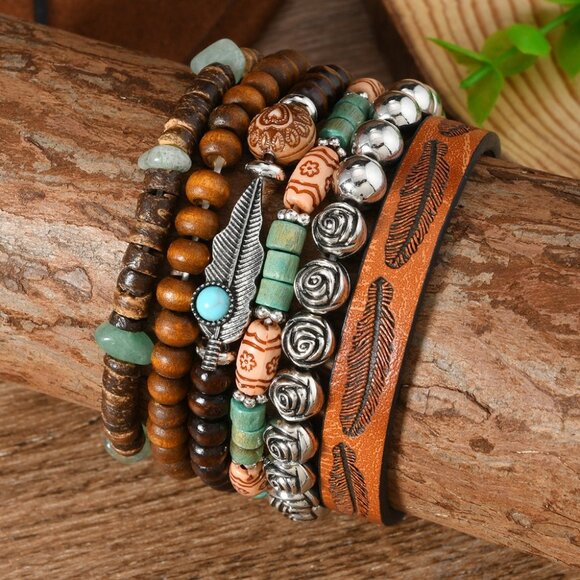 BOHO CHIC! 6pc Stackable Bracelet Set - Wood Beads, Turquoise, Feather & Leather - Picture 1 of 2